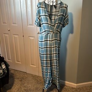 Blue, white, black jumpsuit.